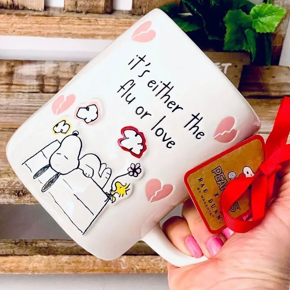 NWT Gorgeous Rae Dunn Peanuts It's either the flu or love Double Sided Pink Mug - Picture 7 of 16
